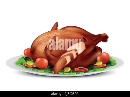 Vektor realistische Darstellung von gebratenem pute oder gegrilltem Huhn mit Scheiben, Gewürzen und Gemüse auf weißem Teller, isoliert auf Hintergrund. Lecker tr Stock Vektor
