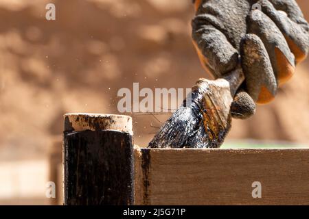 Mann, der an der Restaurierung alter Möbel mit Bitumen judaicum arbeitet. Konzept für Holzpflege und Abdichtung Stockfoto