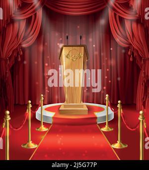 Vektorgrafik mit Holztribüne mit Mikrofonen, Podium, roten Vorhängen und Teppich. Bühne für Performance, Vortrag, Szene für die Rede des Sprechers. Stock Vektor
