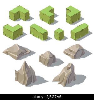 Vector 3D isometrische grüne Büsche, graue Steine, Felsen für die Gartenlandschaft. Naturobjekte mit Schatten, Umwelt. Naturpark, Pflanzenelemente, bo Stock Vektor