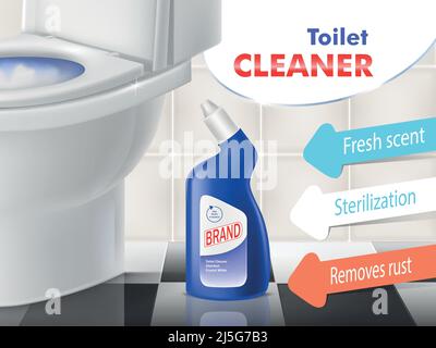 Toilettenreiniger Vektor-Promotion-Banner mit weißer Keramikschale in der Toilette. Blaue Kunststoffflasche mit flüssigem Reinigungsmittel, Desinfektionsgel zum Entfernen von r Stock Vektor