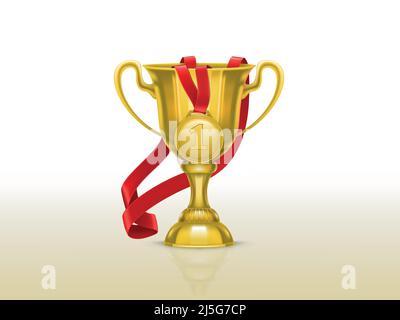 Vektor realistische Illustration von goldenen Kelch und Medaille mit rotem Band isoliert auf dem Hintergrund. Siegerpokal für den ersten Platz, Siegertrophäe, Auszeichnung für Stock Vektor
