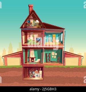 Vector dreistöckiges Haus im Querschnitt mit Keller und Garage. Cartoon mehrstöckiges privates Gebäude. Dachboden, Wohnzimmer, Bad, Waschküche Stock Vektor