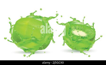 Vector 3D realistische geschälte tropische Kiwi in Saftspritzern. Grüne exotische süße Früchte in frischer Vitaminflüssigkeit für Werbebanner, Poster. Modell, templa Stock Vektor