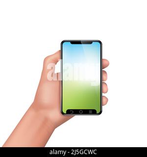 Vector 3D realistische menschliche Hand hält Smartphone. Vorlage, Modell für mobile Apps oder Werbung. Bildschirm des elektronischen Geräts, Smartphone zum Verkauf Stock Vektor