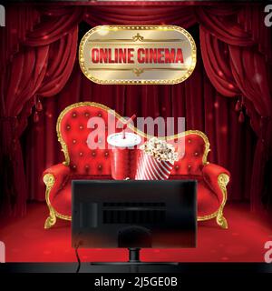 Vector Online-Kino-Konzept. Rotes Samtsofa mit Eimer Popcorn und Plastikbecher für Getränke vor dem Fernseher für das Heimkino. Beleuchtete s Stock Vektor