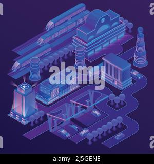 Vector 3D isometrische Stadt in ultravioletten Farben mit modernen Gebäuden, Wolkenkratzern, Bahnhof mit Zügen, Straßen mit Elektroautos. Stadtbild, Stock Vektor