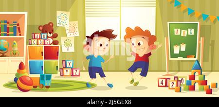 Vektor-Illustration von Cartoon Kindergarten - Jungen spielen Spielzeug. Kinder, Bücher, Möbel für Vorschule, Kinderschule. Teddybär, Ball mit anderen Stock Vektor