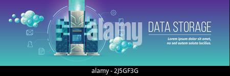 Datenspeicherung Vektor Illustration von Internet-Server für digitale Dateien teilen und Übertragung Technologie. IT-Web-Cloud und drahtloses Kommunikationsnetzwerk Stock Vektor