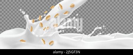 Vector 3D realistische Milch mit Spritztropfen und gerollten Haferkörnern isoliert auf transparentem Hintergrund. Mock up von landwirtschaftlichen Produkten für Paket, wirbt Stock Vektor