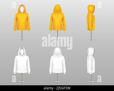 Vector Set von realistischen Hoodies auf Schaufensterpuppen und Metallstangen, Sweatshirt Unisex-Modell mit langen Ärmeln und Taschen, in zwei Farben weiß und gelb i Stock Vektor