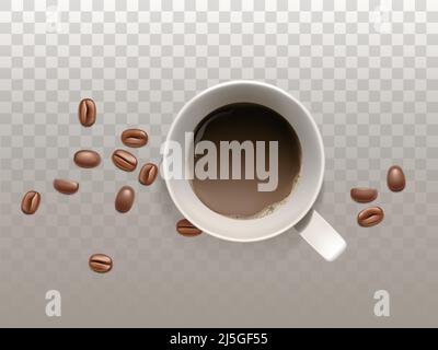 Vector 3D realistische kleine Tasse Kaffee mit Kaffeebohnen, Draufsicht, isoliert auf lichtdurchlässigem Hintergrund. Weißer Becher mit heißem, starkem Getränk, Espresso, c Stock Vektor