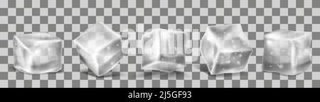 Vector 3D realistische Eiswürfel mit Wassertropfen gesetzt. Quadratische, transparente, eingefrorene Objekte. Frost blockiert isoliert auf lichtdurchlässigem Hintergrund. Stock Vektor