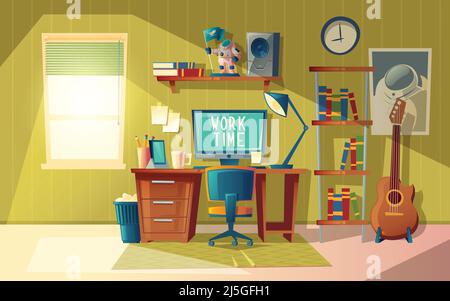 Vektor-Cartoon-Illustration von leerem Home Office, moderne Innenausstattung mit Möbeln. Computer, Bücher und Kaffeetasse auf dem Tisch. Arbeitsplatzkonzept, gemütliches Zimmer Stock Vektor