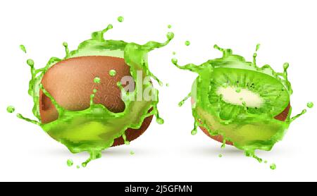 Vector 3D realistische tropische Kiwi in Saftspritzern. Grüne exotische Süßfrucht in frischer Vitaminflüssigkeit für Werbebanner, Poster, Design-Element. Mock U Stock Vektor