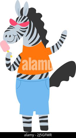 Zebra-Figur in stilvoller Kleidung und funkigen Brillenzubehör. Isoliert tanzende Persönlichkeit, Wildlife Safari Kreatur. Porträt von Maskottchen, Kind Stock Vektor