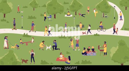 Menschen verbringen aktive Spaß Zeit im Sommer Stadtpark auf Wochenende Vektor-Illustration. Cartoon-Karte mit Figuren gehen auf der Straße, Fahrrad fahren und Elektroroller, essen Picknick-Essen, sitzen auf Bank Hintergrund Stock Vektor