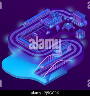 Vektor 3D isometrischer Bahnhof von Megapolis. Stadtparkplätze in violetten Farben für Autos. Bahnterminal mit Zügen. Gebäude, Brücke mit Ultraviolin Stock Vektor