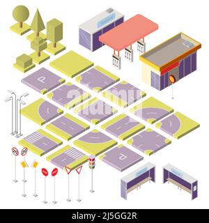 Vektorset mit isometrischen Elementen zum Erstellen eines eigenen Stadtplans. Stadtbild-Konstruktor isoliert auf Hintergrund. Urbane Objekte, Straßenabschnitte mit Markierung Stock Vektor