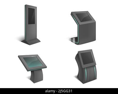 Vektor realistische Reihe von interaktiven Informationen Kiosk, schwarze Ständer mit leeren Touchscreen isoliert auf Hintergrund. Öffentliche Terminals für adve Stock Vektor