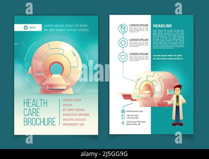 Vector medizinische Untersuchungsbroschüre, Gesundheitskonzept mit Cartoon-MRT-Scanner für Tomographie und Arzt. Broschüre, Werbeflyer mit Diagnose Stock Vektor