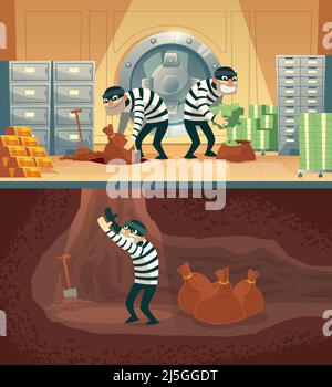 Vektor-Cartoon-Illustration von Bankraub in Sicherheitsgewölbe. Drei Diebe stehlen Gold, Bargeld und werfen Tasche, Sack mit Währung in die Unterminierung. Stock Vektor
