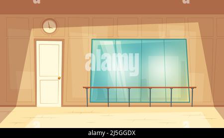 Vektor-Cartoon-Illustration von leeren Tanzsaal mit Spiegeln und Holzboden. Proberaum für Ballettunterricht mit Wandgeländern. Fitnessraum, Klasse für f Stock Vektor