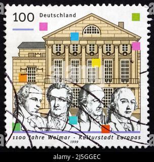 DEUTSCHLAND - UM 1999: Eine in Deutschland gedruckte Briefmarke zeigt Weimar, 1999 Kulturstadt Europas, 1100. Jahre, um 1999 Stockfoto