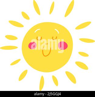 Sonnencharakter mit ruhiger und ruhiger Gesichtsausdruck und positiver Optik. Isolierte Persönlichkeit mit Sonnenstrahlen und Balken, Aufkleber oder Emoticon, Smiley Kind Stock Vektor