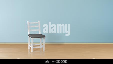 Vector 3D realistische Nachbau mit weißem Holzstuhl isoliert an blauer Wand. Moderne Möbel mit schwarzem Kissen auf Parkett, Hintergrund für Design. Einrichtung Stock Vektor