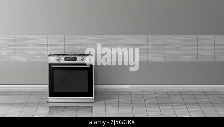 Vector 3D realistische Nachbau mit modernen silbernen Stahlofen isoliert auf grauen Fliesenwand. Smart-Gerät mit Display in der Küche, Hintergrund für Design. Stock Vektor