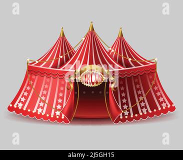 Vector 3D realistisches Zirkuszelt mit beleuchtetem Schild für Unterhaltung, Unterhaltungsshow. Red cirque, Arena mit Glühbirnen, Beleuchtung. Auswahlrechteck mit sta Stock Vektor