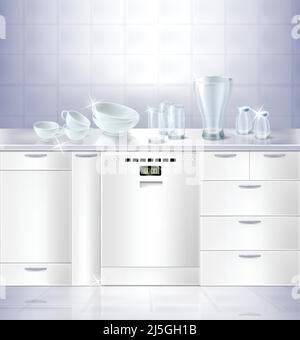 Vector 3D realistische Nachbau der Küche mit weißem sauberen Boden und Fliesenwand. Schrank mit eingebautem Geschirrspüler und sauberem Utensil, Geschirr Stock Vektor