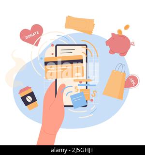 Online-Zahlung und Überweisung von Geld. Cartoon Hand des Benutzers hält Telefon mit Kreditkarte auf dem Bildschirm, mit virtuellen Brieftasche zu kaufen, um Einkäufe flache Vektor-Illustration. Finanz-, Service-Konzept Stock Vektor