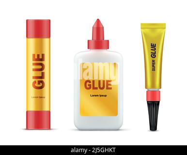 Verschiedene Arten von Marken-Leimröhrchen mit Gold-Etikett und roter Kappe realistische Vektor-Set isoliert auf weißem Hintergrund. Papier Klebestift, aus der Messapier Stock Vektor