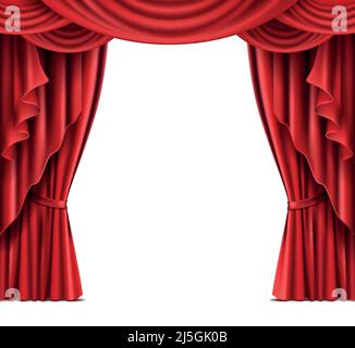 Schwere rote Vorhänge oder Vorhänge im viktorianischen Stil mit Quasten Seil realistisch isoliert Vektor-Illustration versammelt. Fensterputzerei, Theaterbühne, ret Stock Vektor