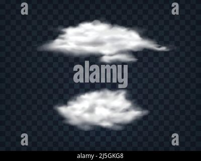Ein Set von Vektor-Illustrationen von durchsichtigen weißen Wolken in einem realistischen Stil, isoliert auf einem transparenten Hintergrund. Elemente des Designs, Muster. Stock Vektor