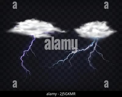 Set von Vektorgrafiken von transparenten weißen Wolken mit einer Ladung von Blitz in einem realistischen Stil. Vorlage, Element für Design. Stock Vektor