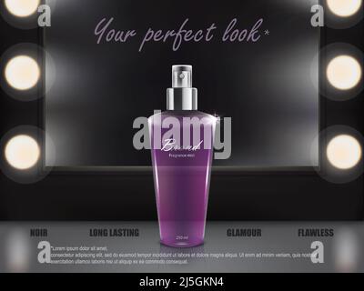 Kosmetischer Hintergrund, Schminktisch mit Spiegel und hellen Scheinwerfern und lila Sprühflasche darauf stehend. Vektor realistisches Design für Paket, banne Stock Vektor