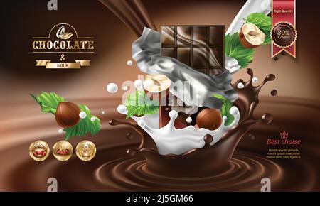 Vector 3D realistische Illustration, Spritzer von geschmolzener Schokolade und Milch mit fallenden Schokoladen-Bar in einem zerrissenen Wrapper und Nüsse. Ausgezeichnete Werbung p Stock Vektor