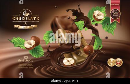Vector 3D realistische Illustration, Spritzer von geschmolzener Schokolade und Milch mit fallenden Schokoladen-Bar in einem zerrissenen Wrapper und Nüsse. Ausgezeichnete Werbung p Stock Vektor