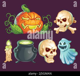 Set von Vektor-Cartoon-Figuren, Symbole, Aufkleber für Halloween. Erschreckende Kürbislaterne, schrecklicher Geist, gruseliger Schädel mit Knochen, Hexentopf mit Poti Stock Vektor