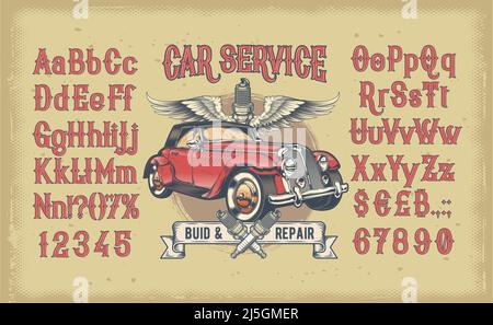 Vektor-Illustration einer alten roten lateinischen Schrift mit Zahlen und einem Retro-Auto. Vorlage, Element für Design. Stock Vektor