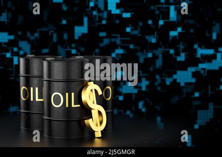 Schwarze Metallfässer mit Dollarzeichen. Das Konzept des Öl- und Kraftstoffhandels. 3D Rendern. Stockfoto