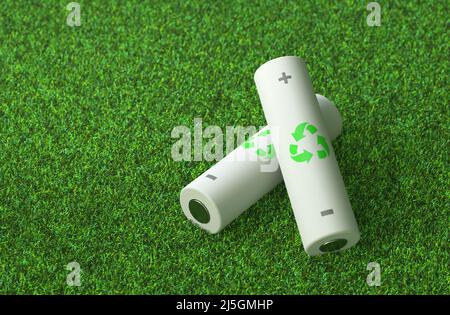 Konzept für erneuerbare Energien. Recycling von Batterien und Akkumulatoren. 3D Rendern. Stockfoto