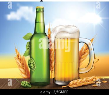 Vector realistische unbeschriftete Glas grüne Flasche und Becher mit kaltem Schaum Licht Bier stehen auf einem Holztisch mit Ohren von Gerste und Kegel von Hopfen in der Nähe Th Stock Vektor