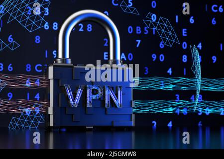 VPN-Technologiekonzept. Das Konzept der Datenschutztechnologie mittels vpn. 3D Rendern. Stockfoto