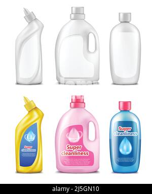 Satz Plastikflaschen für Reinigungsprodukte, realistische Vektorgrafik isoliert auf weißem Hintergrund. Verpackungsvorlage für Haushaltschemikalien Stock Vektor
