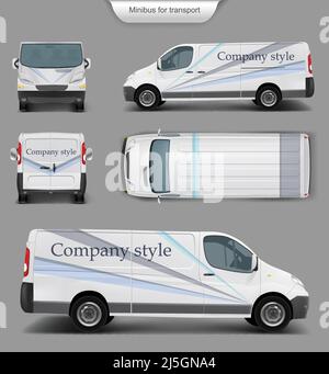 Vektor realistische weiße Lieferung Minivan, Stadt Minibus mit Company Style oben. Vorne, hinten, Seitenansicht, mit Schatten, isoliert auf grau. Vorlage, Modell Stock Vektor