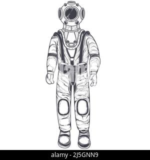 Vektor schwarz-weiße Illustration eines Astronauten, Kosmonauten in einem Raumanzug und Helm, im Stil einer Gravur, isoliert auf einem weißen Backgroun Stock Vektor